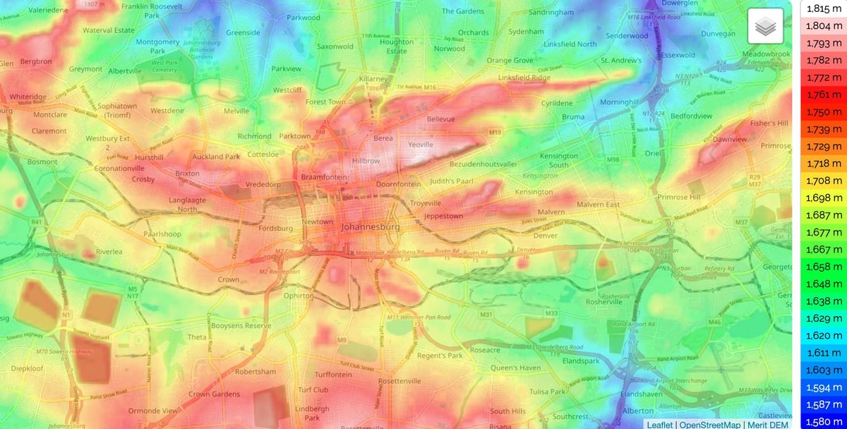 Карта высот Йоханнесбурга (Joburg Jozi)